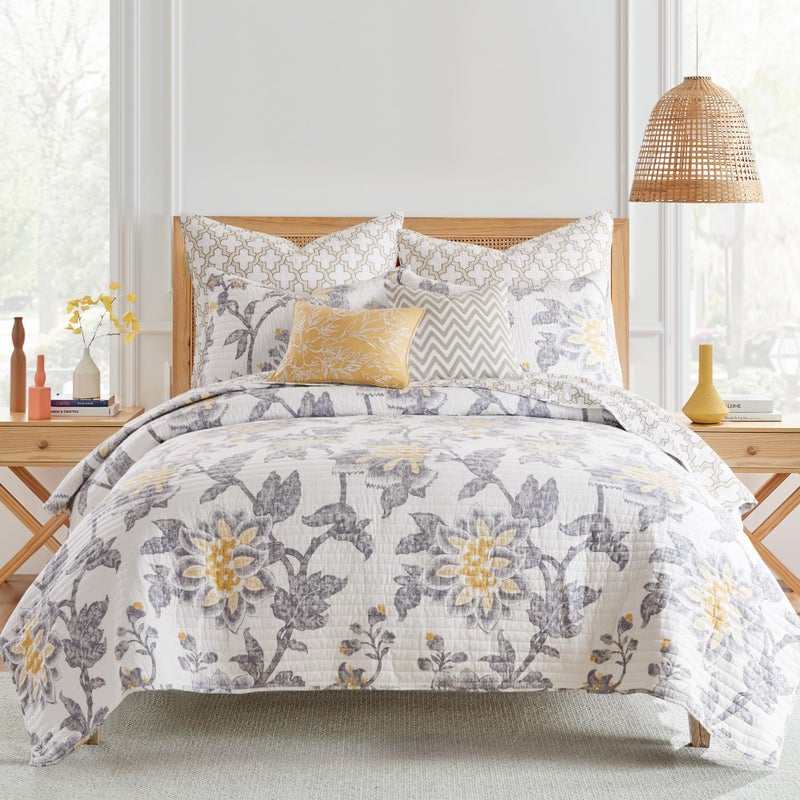 Levtex Home - Reverie Quilt Set - Full/Queen Quilt + Two Standard Pillow Shams - Floral - Yellow, Grey, and White - Quilt Size (88x92in.) and Pillow Sham Size (26x20in.) - Reversible - Cotton Fabric - Image 1